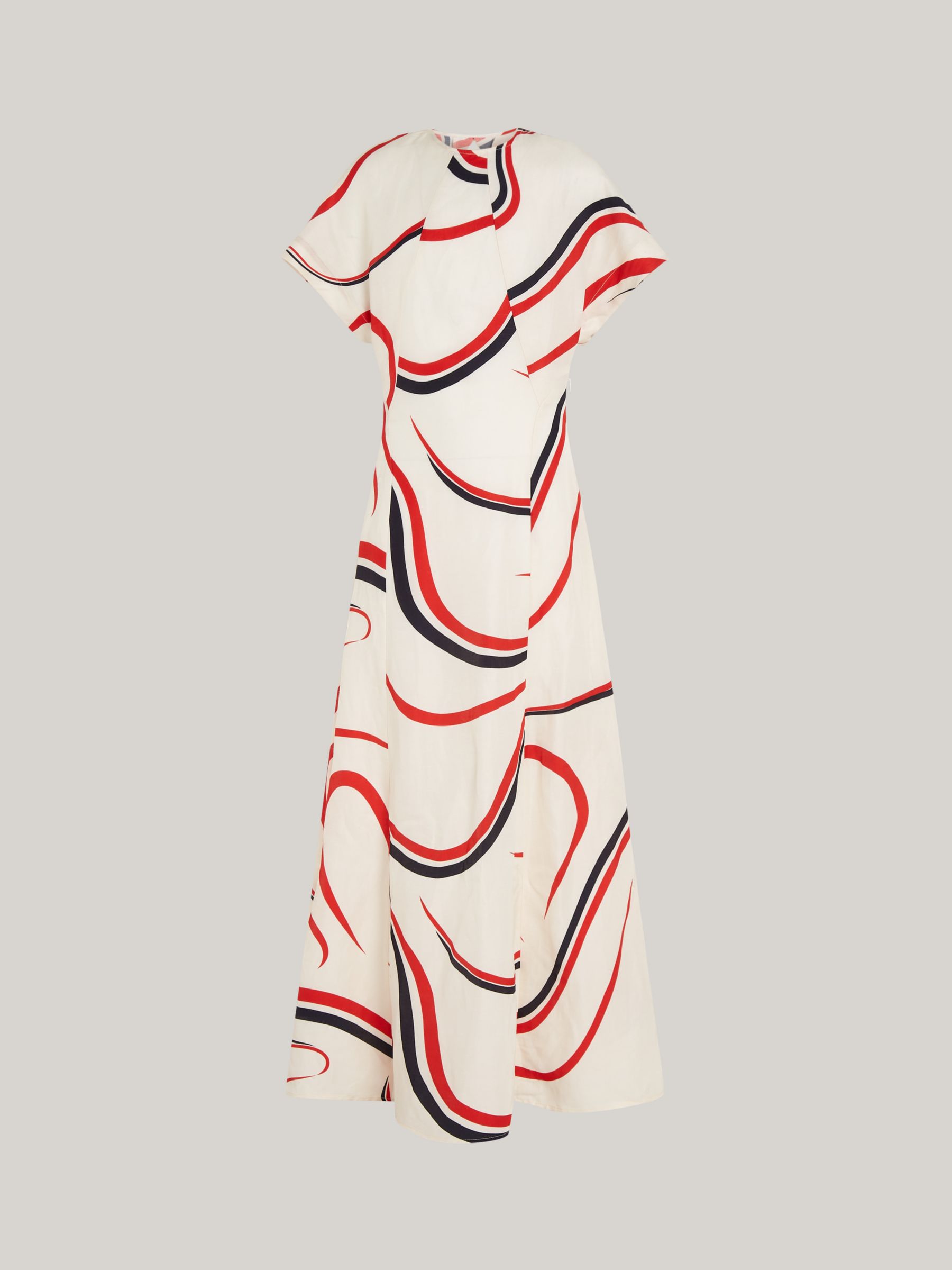 Tommy Hilfiger Ribbon Print Linen Blend Midi Flared Dress, Ecru/Multi, 4
