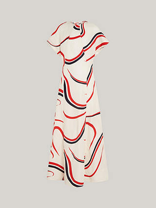 Tommy Hilfiger Ribbon Print Linen Blend Midi Flared Dress, Ecru/Multi