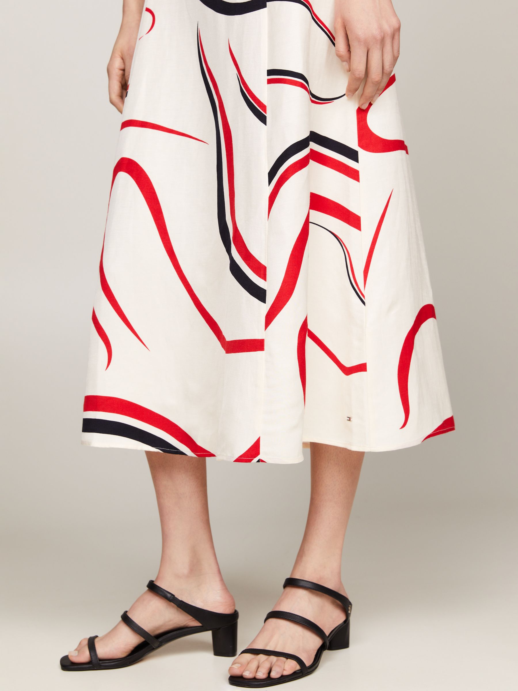 Tommy Hilfiger Ribbon Print Linen Blend Midi Flared Dress, Ecru/Multi, 4