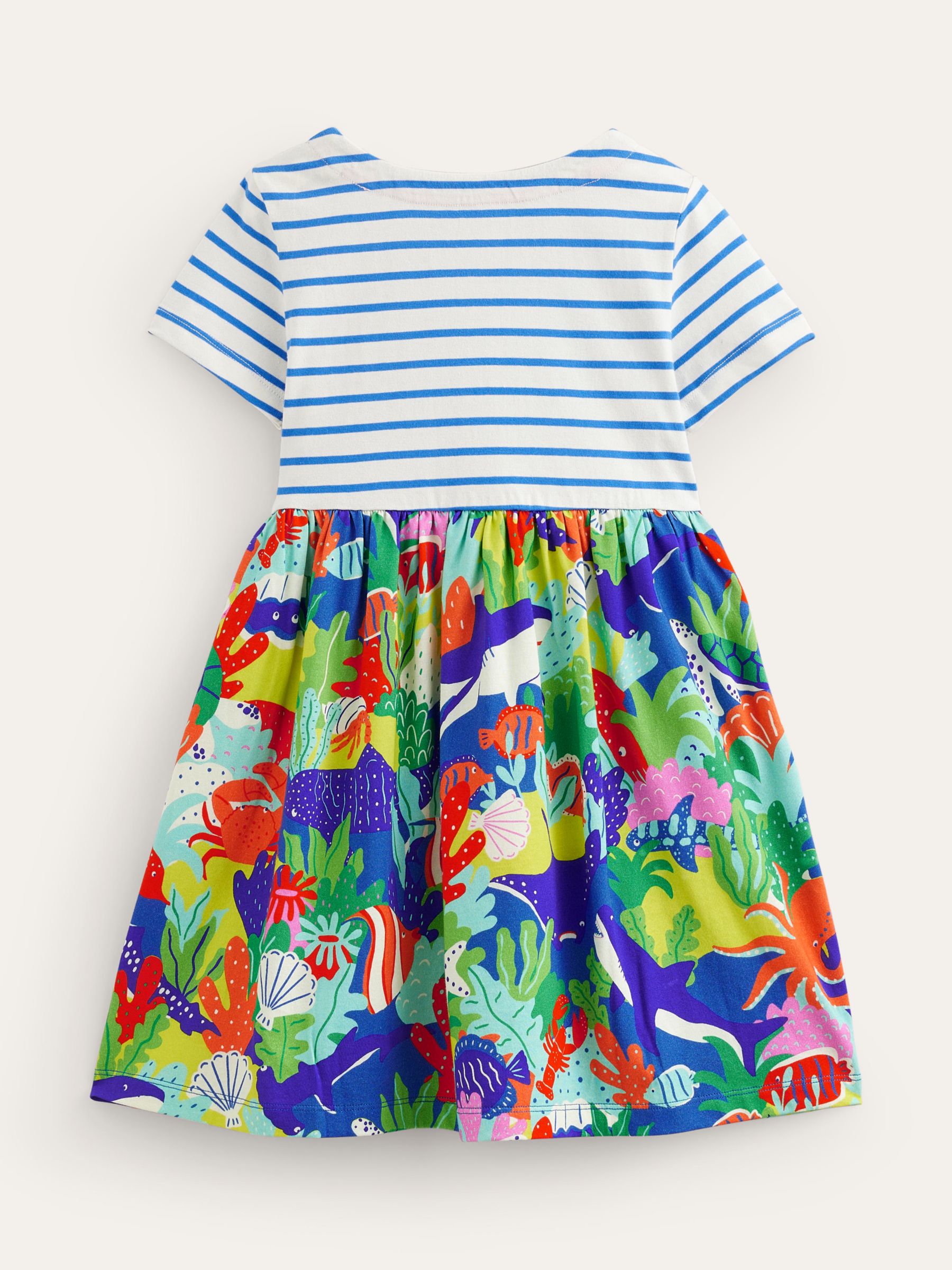 Mini Boden Kids' Hotchpotch Stripe/Sea Life Print Jersey Dress, Sapphire Blue, 12-18 months