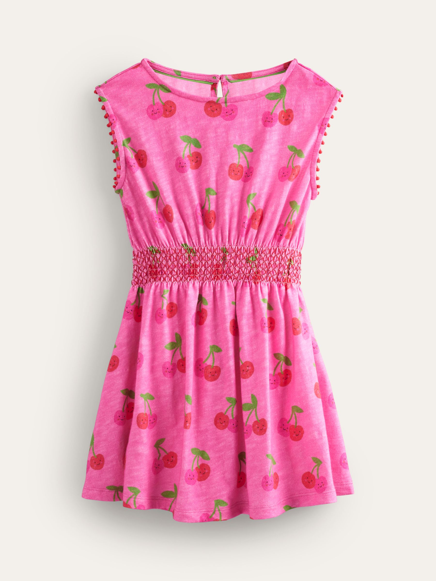 Mini Boden Kids' Cherry Print Shirred Waist Jersey Dress, Pink, 2-3 years