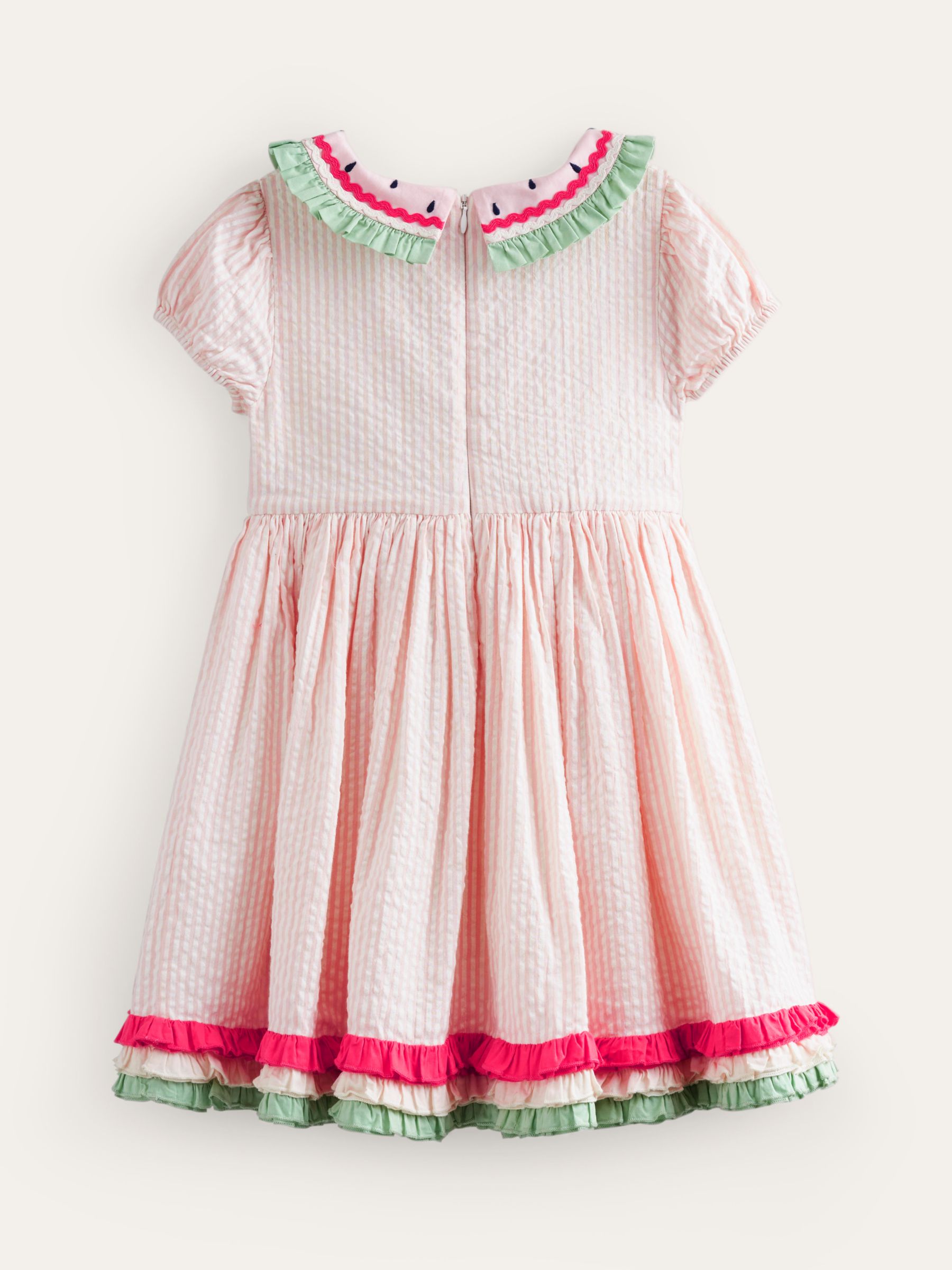 Mini Boden Kids' Watermelon Collar Seersucker Dress, Pink/Ivory Stripe, 12-18 months