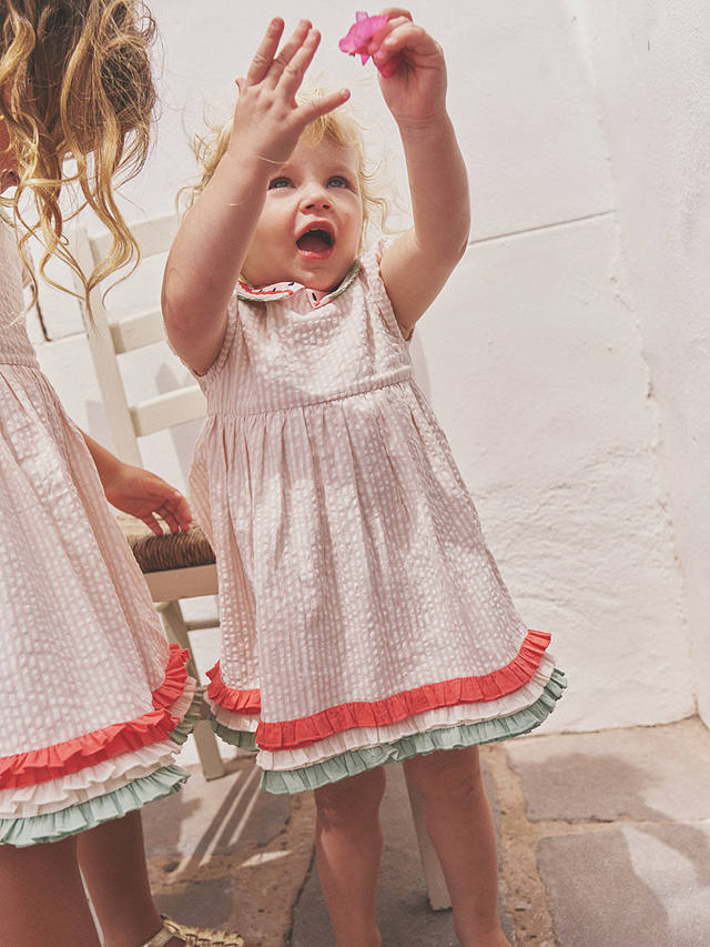 Mini Boden Kids' Watermelon Collar Seersucker Dress, Pink/Ivory Stripe