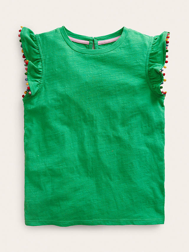 Mini Boden Kids' Pom Pom Trim T-Shirt, Pea Green