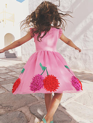 Mini Boden Kids' Tulle Cherry Applique Jersey Dress, Pink