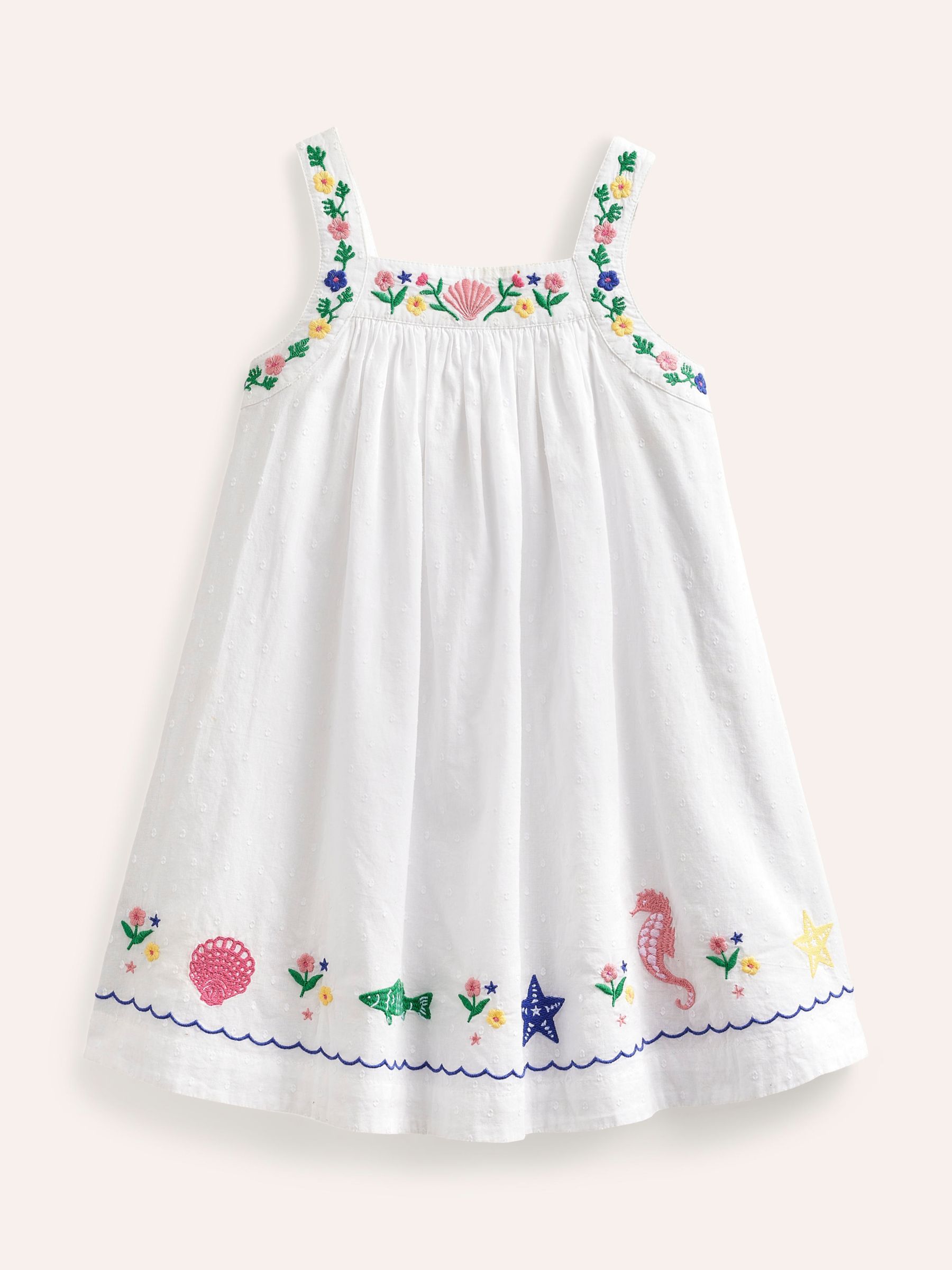 Mini Boden Kids' Embroidered Twirly Sea Life Dress, Ivory Reef, 2-3 years