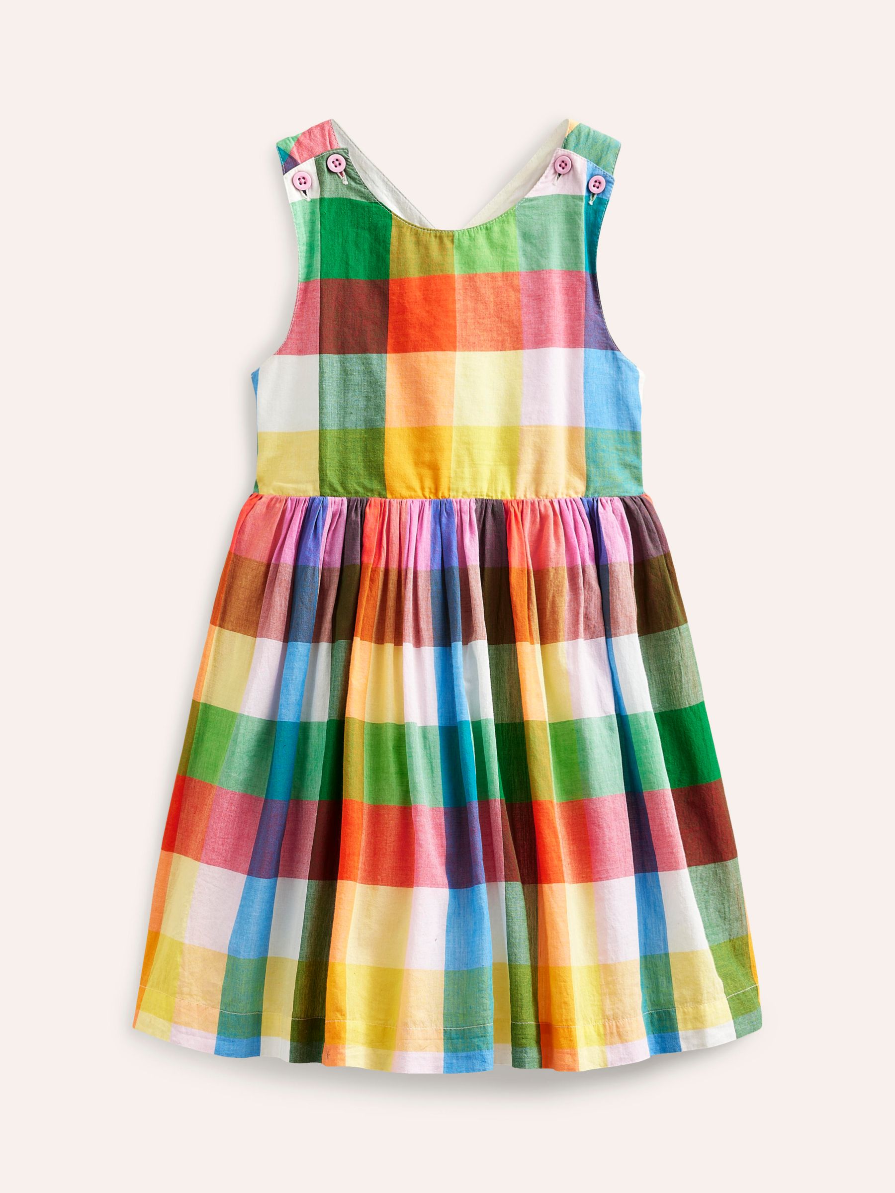 Mini Boden Kids' Gingham Cross Back Dress, Neon Multi, 2-3 years