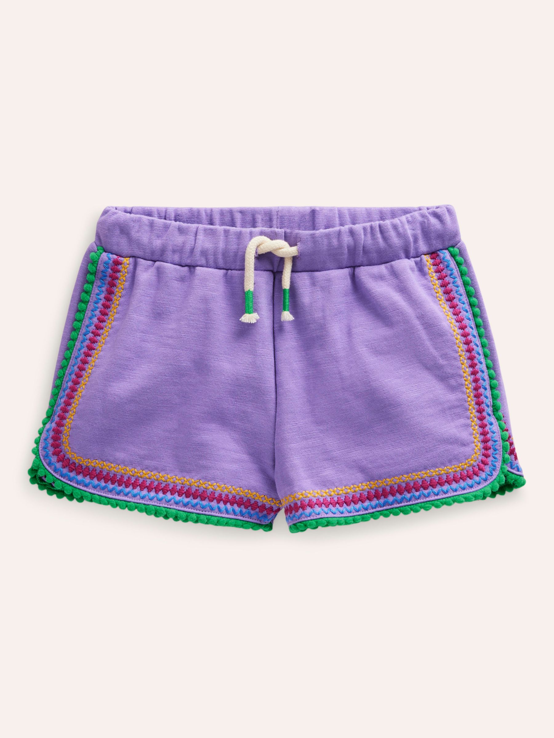 Mini Boden Kids' Pom Trim Jersey Shorts, Crocus Purple, 3 years