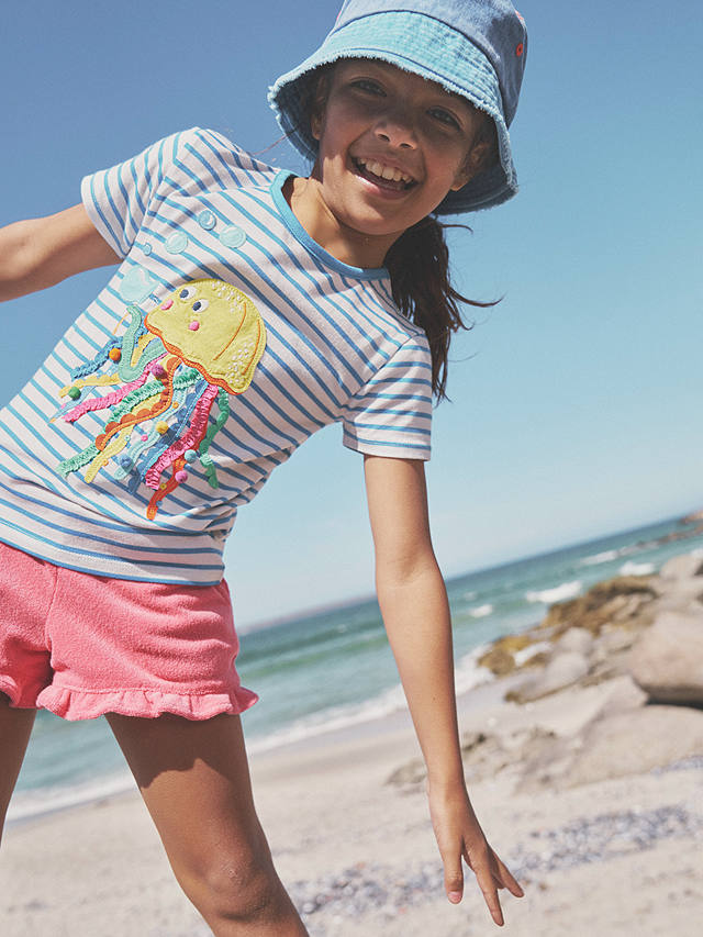 Mini Boden Kids' Jellyfish Applique Stripe Short Sleeve T-Shirt, Ivory/Blue