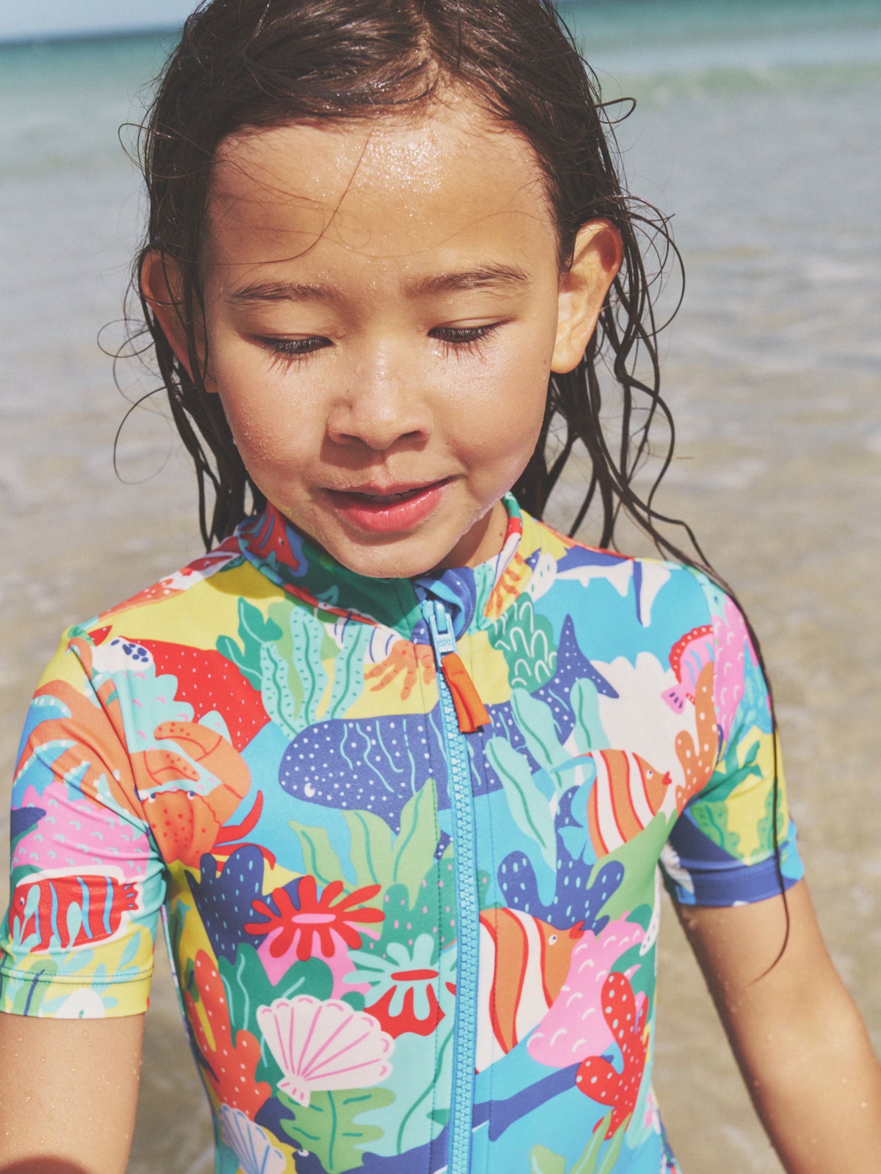 Mini Boden Kids' Rainbow Reef Print Short Sleeve High Neck Swimsuit, Multi, 2-3 years