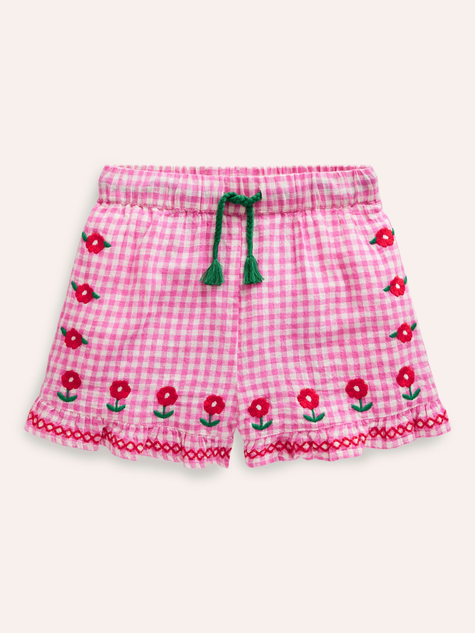 Mini Boden Kids' Floral Embroidered Frill Hem Woven Shorts, Pink/Ivory Gingham, 12-18 months