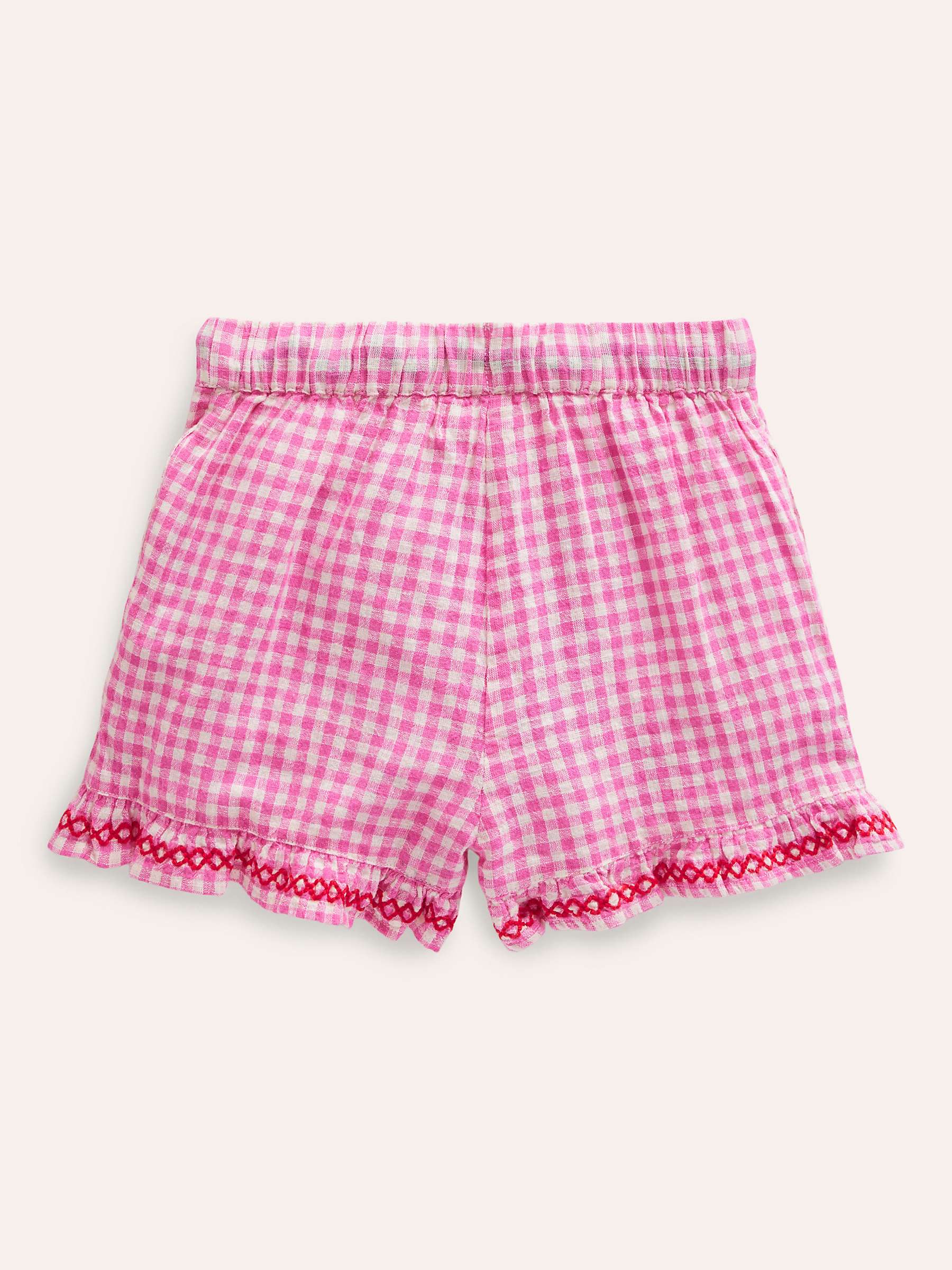 Buy Mini Boden Kids' Floral Embroidered Frill Hem Woven Shorts, Pink/Ivory Gingham Online at johnlewis.com