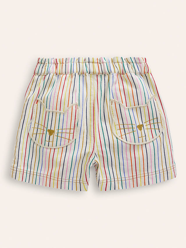Mini Boden Kids' Pull-On Cat Patch Pocket Stripe Shorts, Ivory/Multi