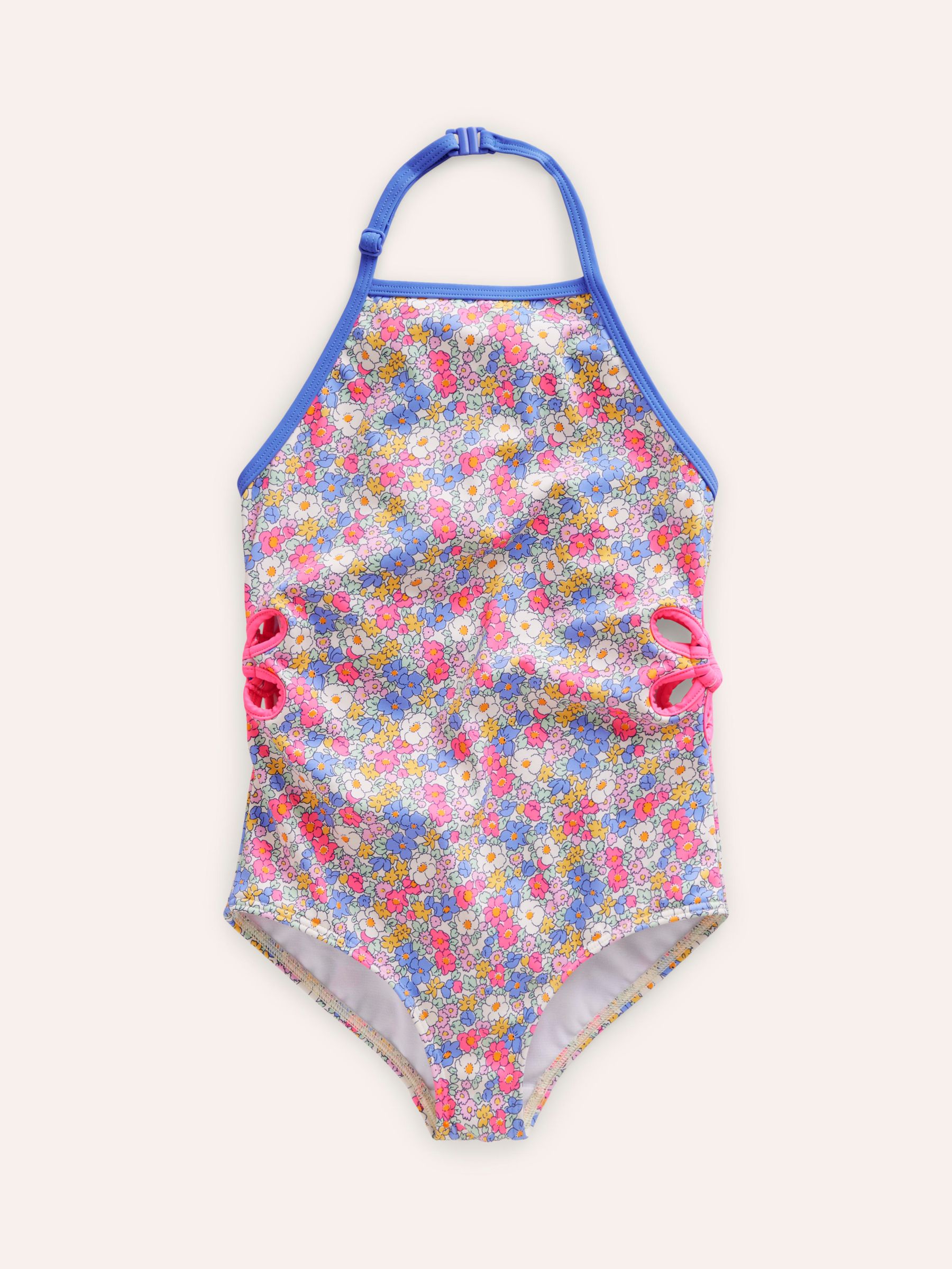 Mini Boden Kids' Cut Out Flower Halter Swimsuit, Pink Nautical Floral, 2-3 years