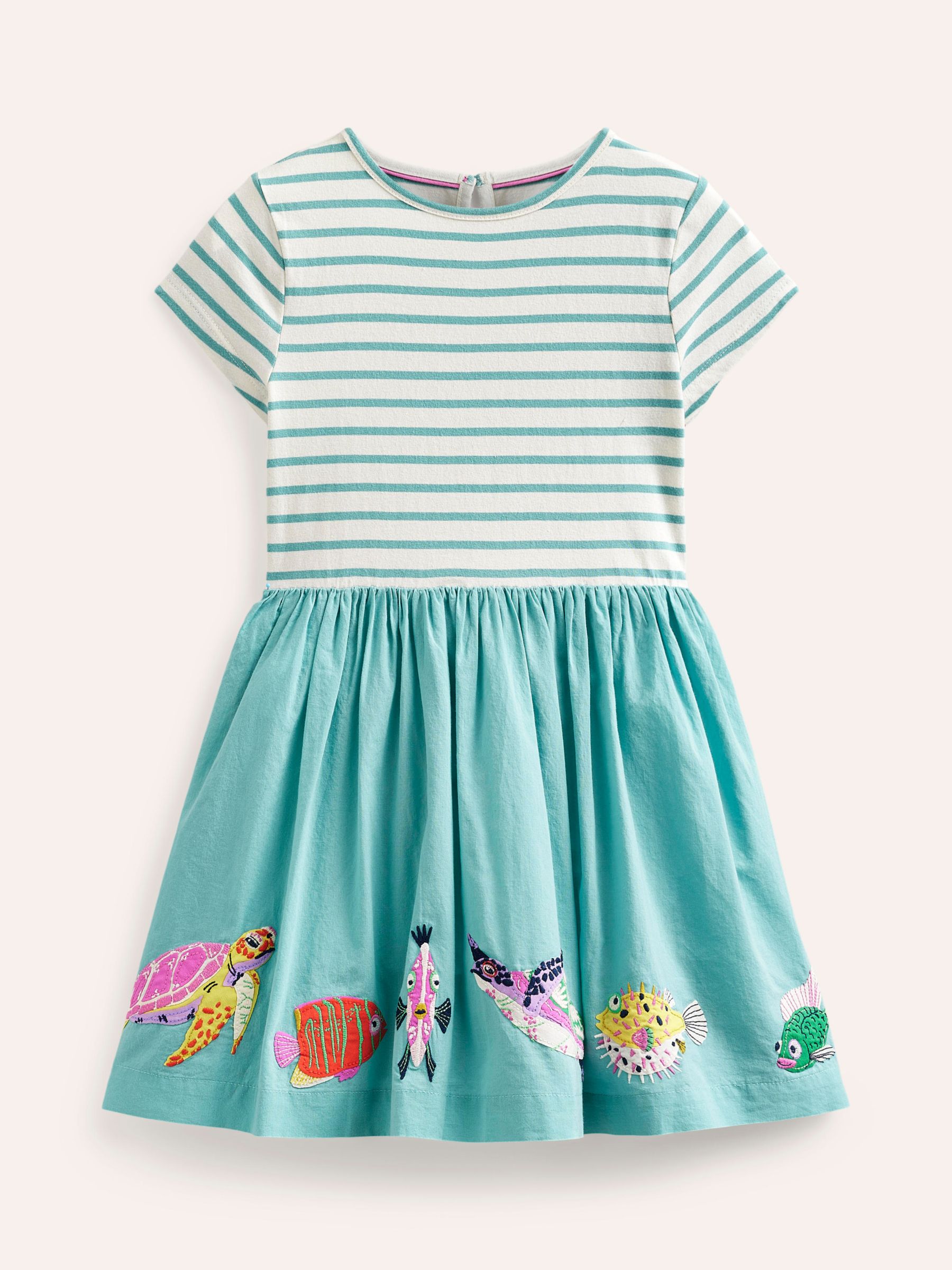 Mini Boden Kids' Sealife Applique Stripe Woven Mix Dress, Blue/Vanilla, 2-3 years