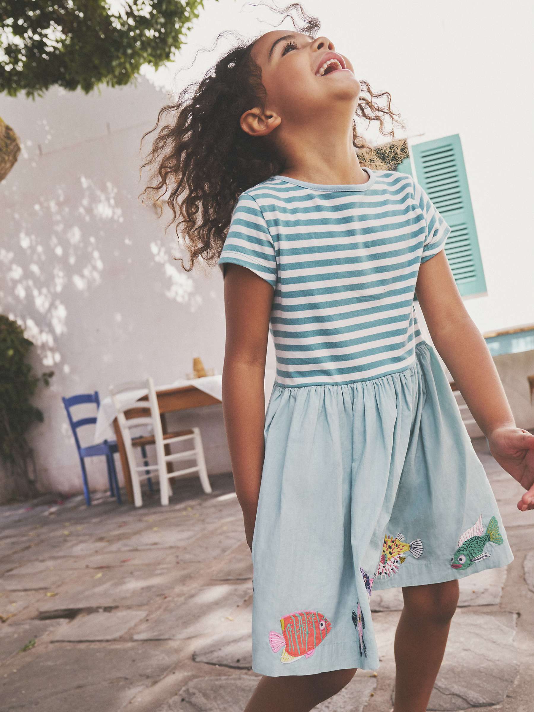 Buy Mini Boden Kids' Sealife Applique Stripe Woven Mix Dress, Blue/Vanilla Online at johnlewis.com