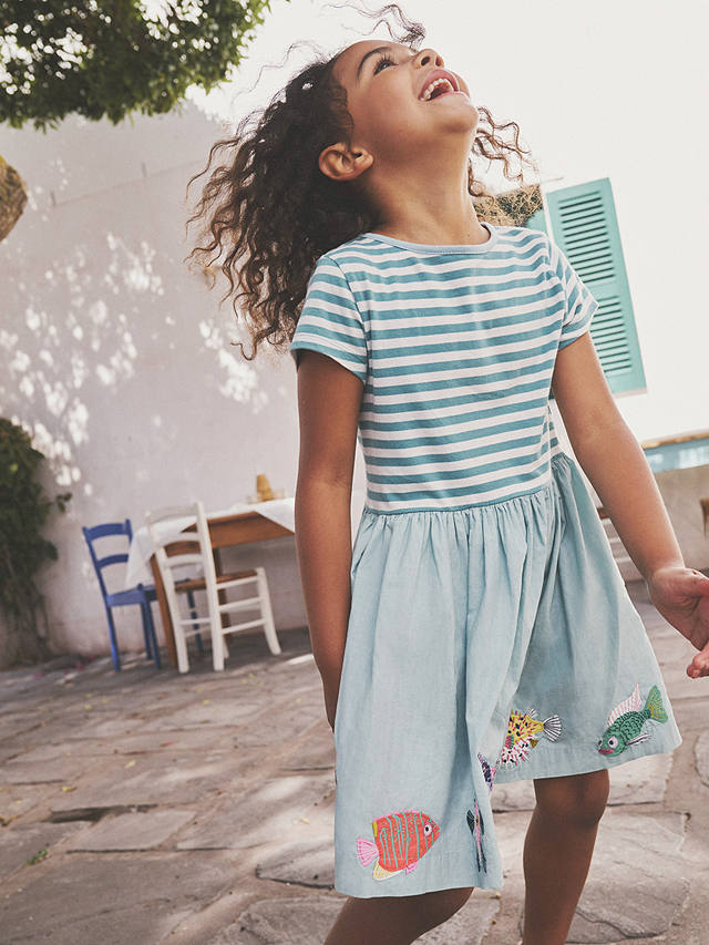 Mini Boden Kids' Sealife Applique Stripe Woven Mix Dress, Blue/Vanilla