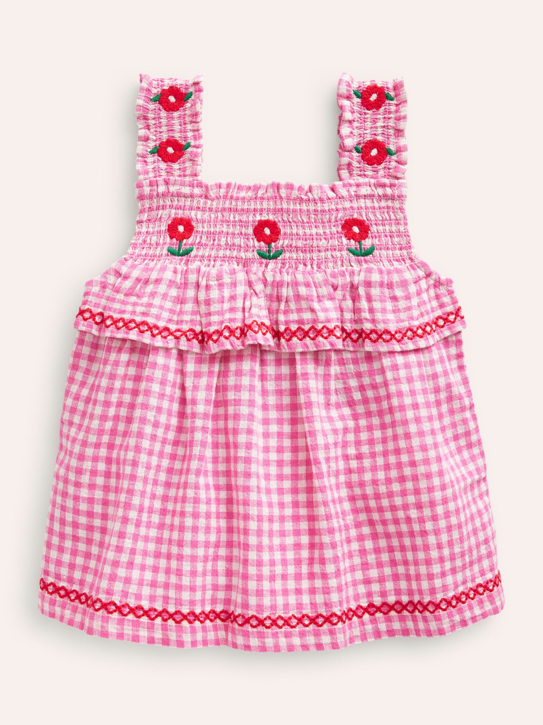 Mini Boden Kids' Floral Embroidered Shirred Gingham Top, Pink, 12-18 months