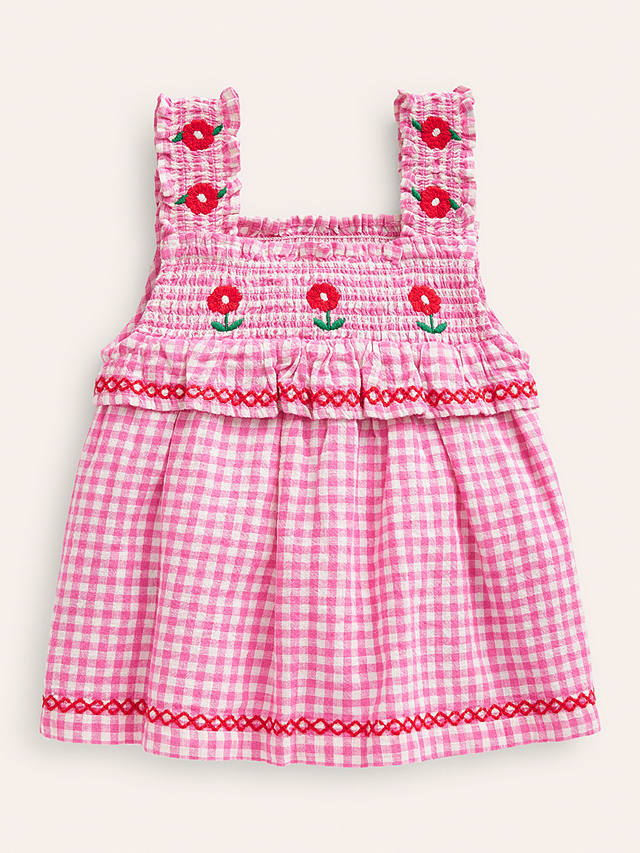 Mini Boden Kids' Floral Embroidered Shirred Gingham Top, Pink