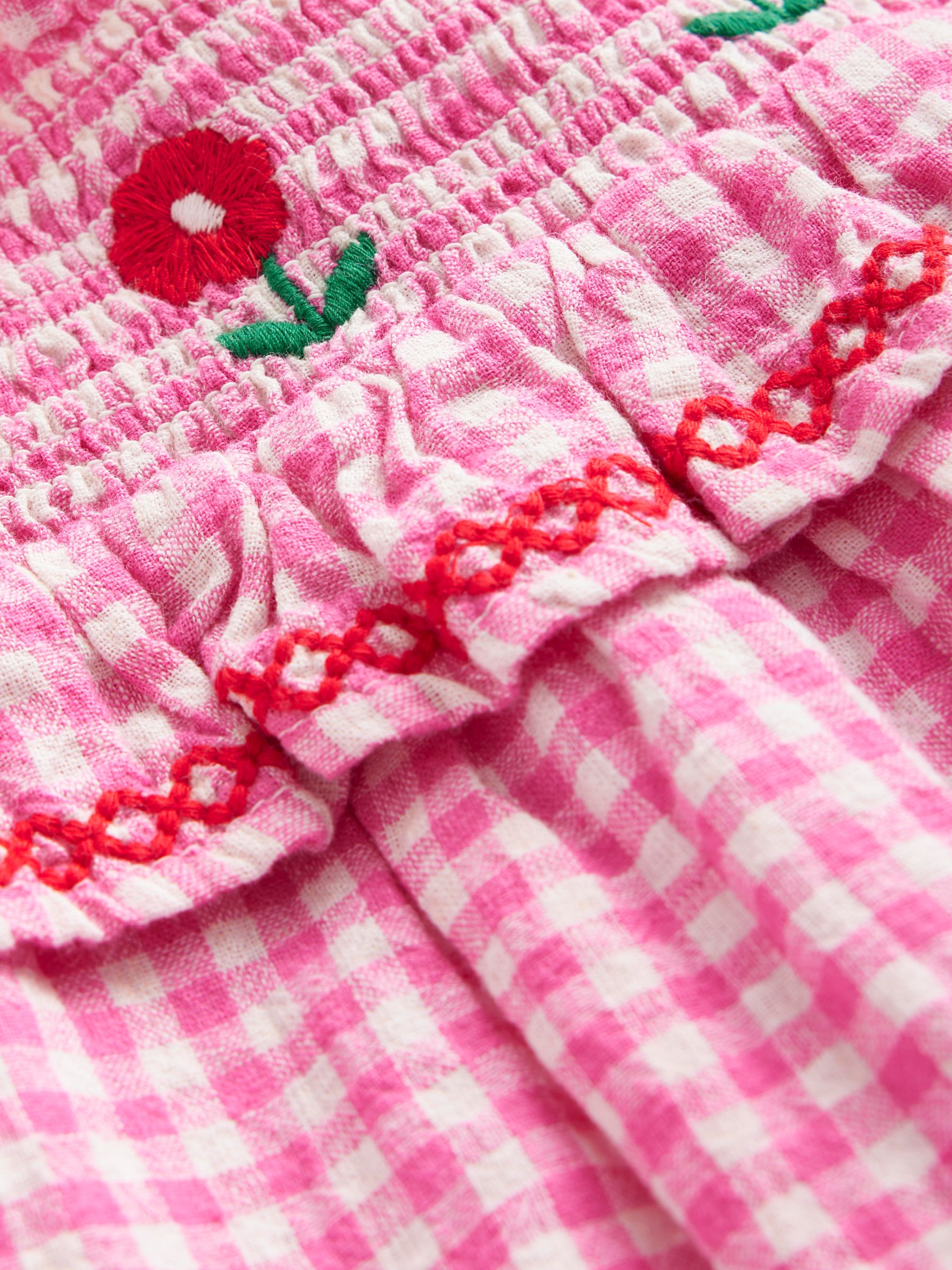 Mini Boden Kids' Floral Embroidered Shirred Gingham Top, Pink, 12-18 months