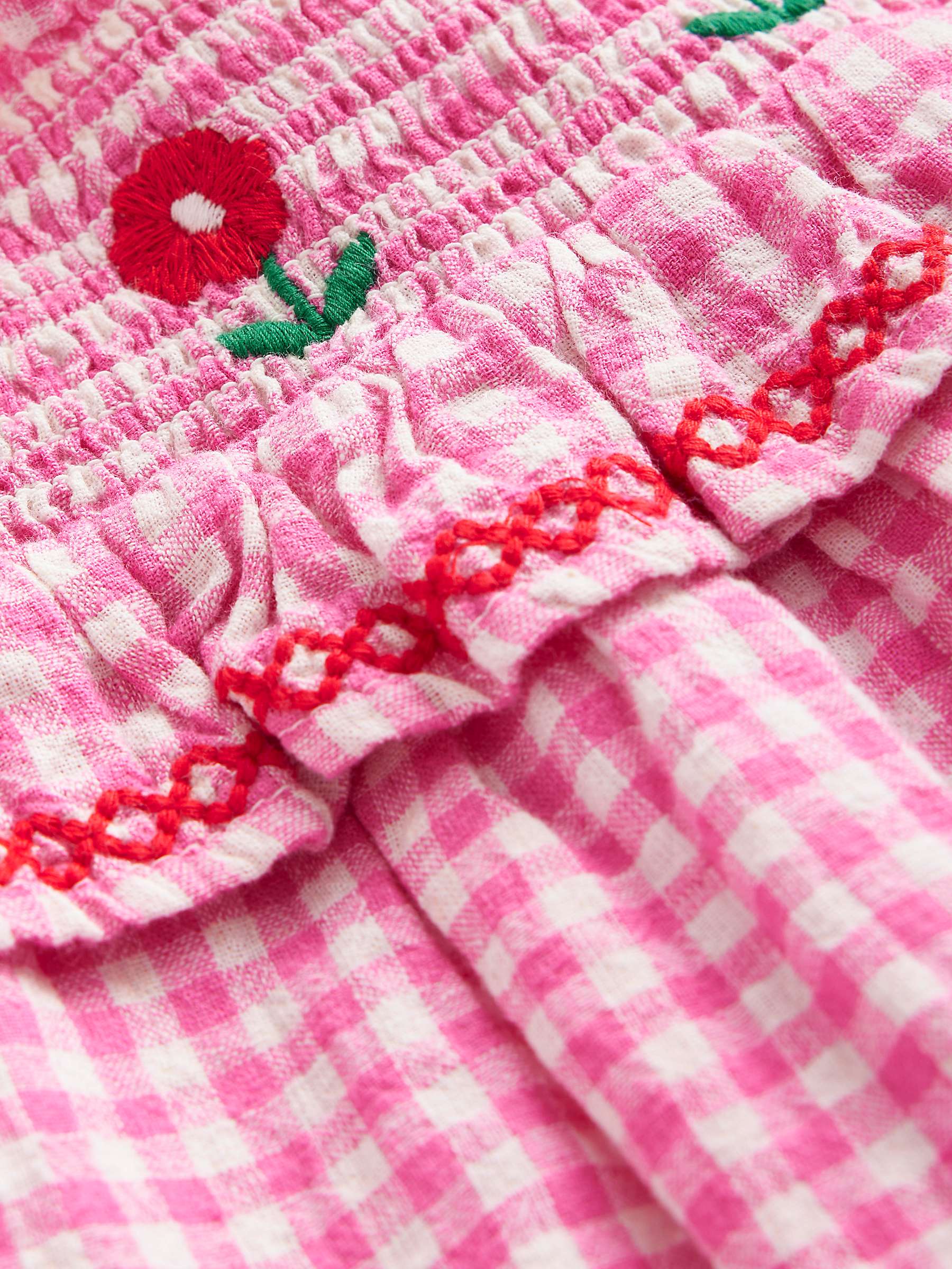 Buy Mini Boden Kids' Floral Embroidered Shirred Gingham Top, Pink Online at johnlewis.com