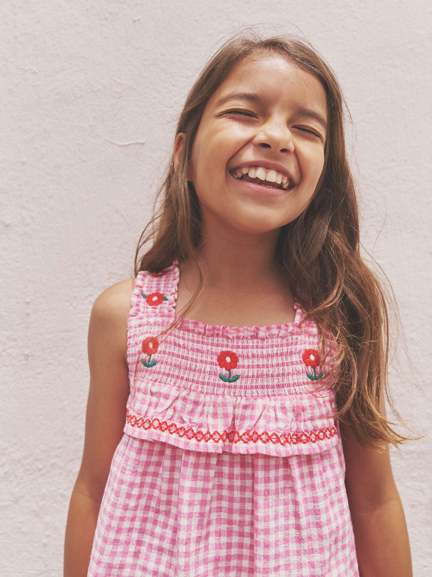 Buy Mini Boden Kids' Floral Embroidered Shirred Gingham Top, Pink Online at johnlewis.com