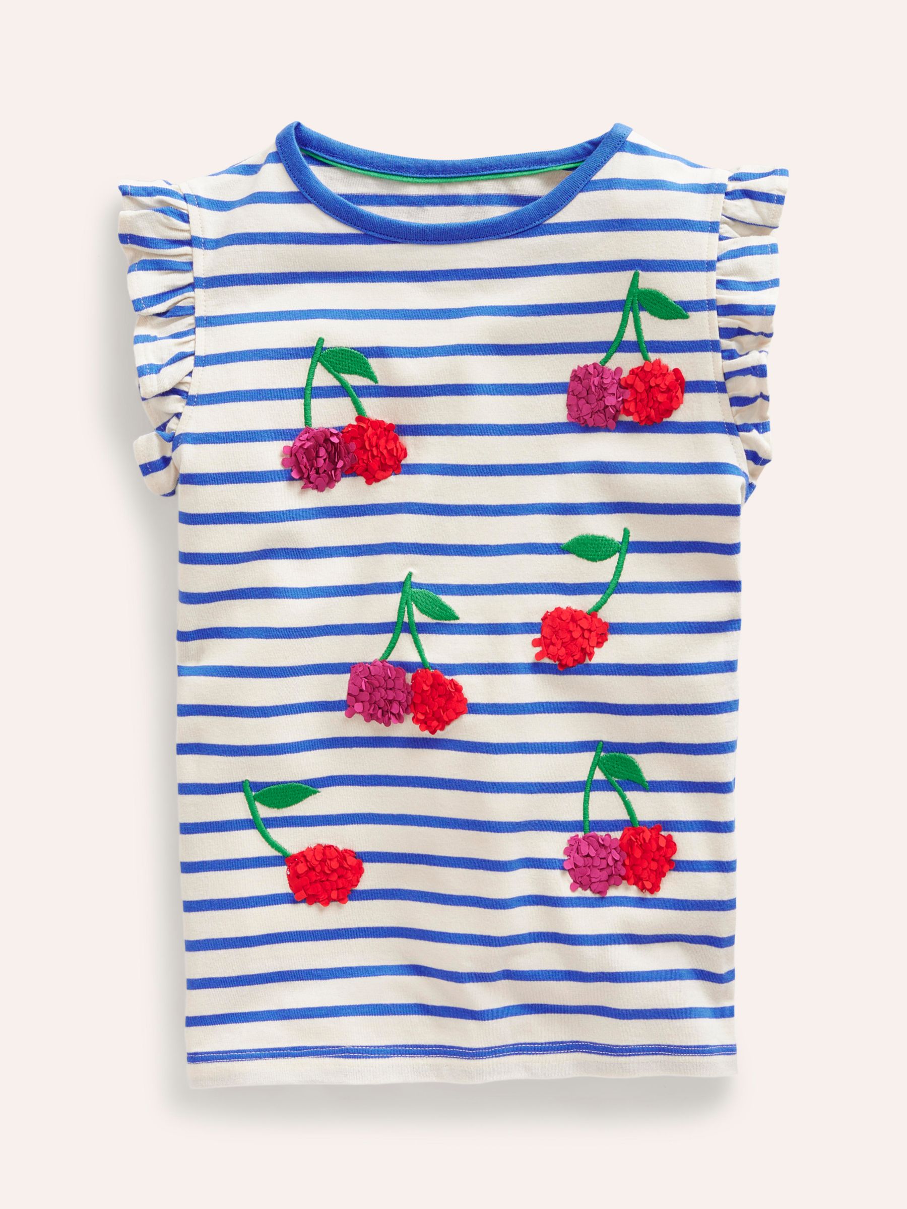 Mini Boden Kids' Flutter Cherry Short Sleeve T-Shirt, Vanilla Pod/Blue, 12-18 months