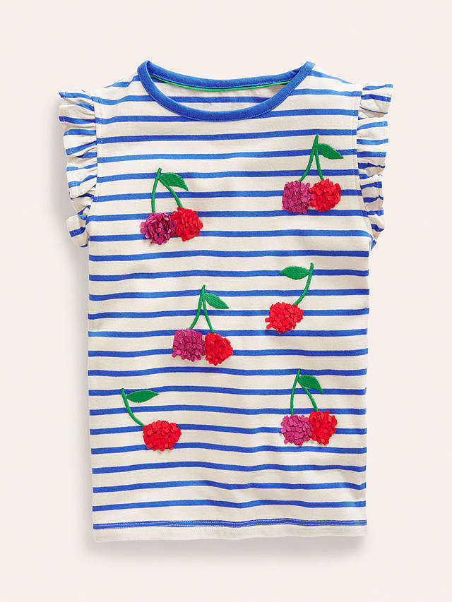 Mini Boden Kids' Flutter Cherry Short Sleeve T-Shirt, Vanilla Pod/Blue