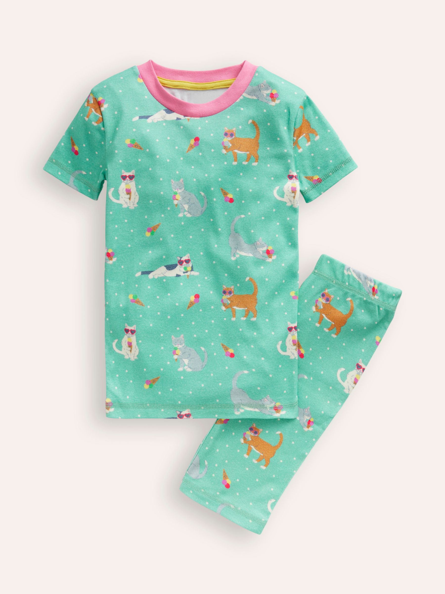 Mini Boden Kids' Holiday Cat Print Snug Short John Pyjamas, Multi, 12-18 months