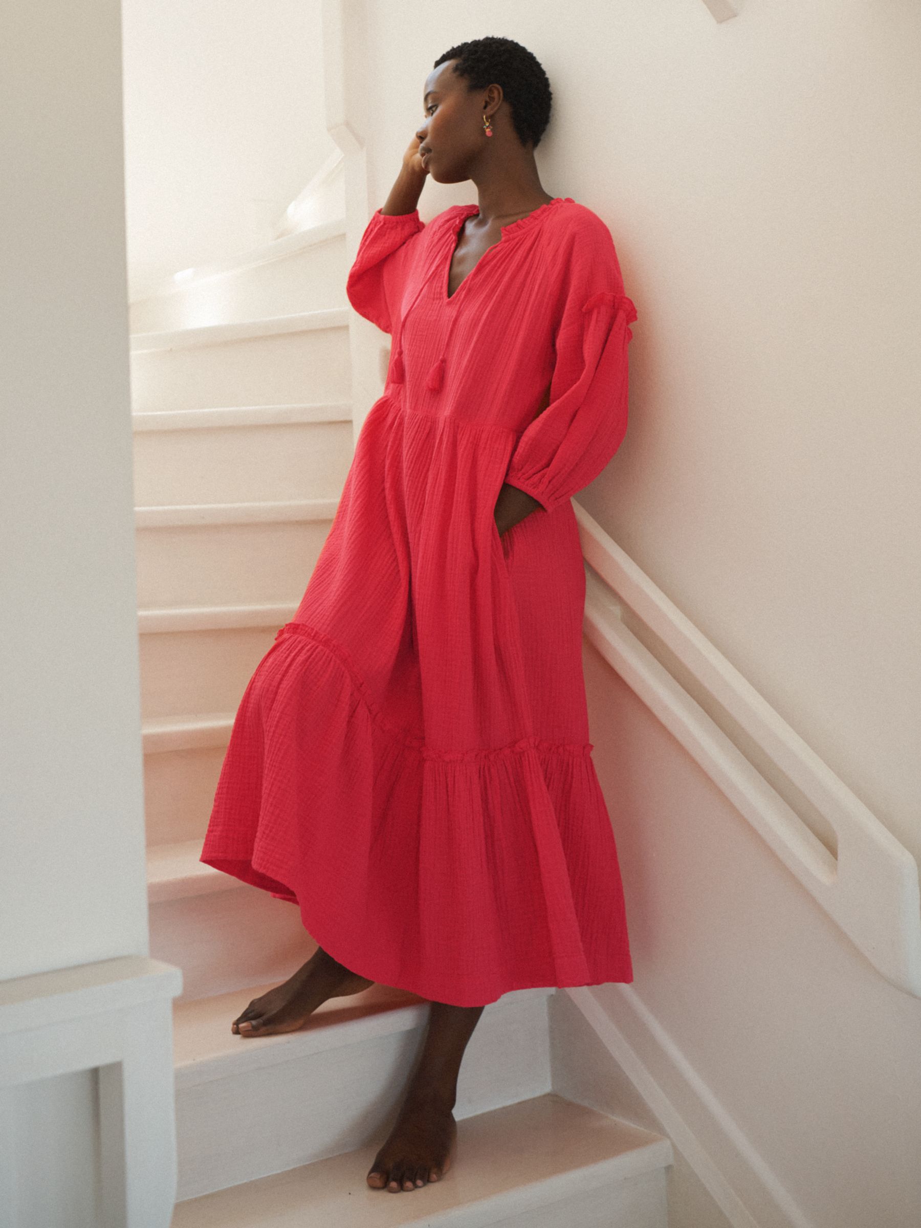 NRBY Annalisa Cotton Double Gauze Dress, Bright Geranium, XS