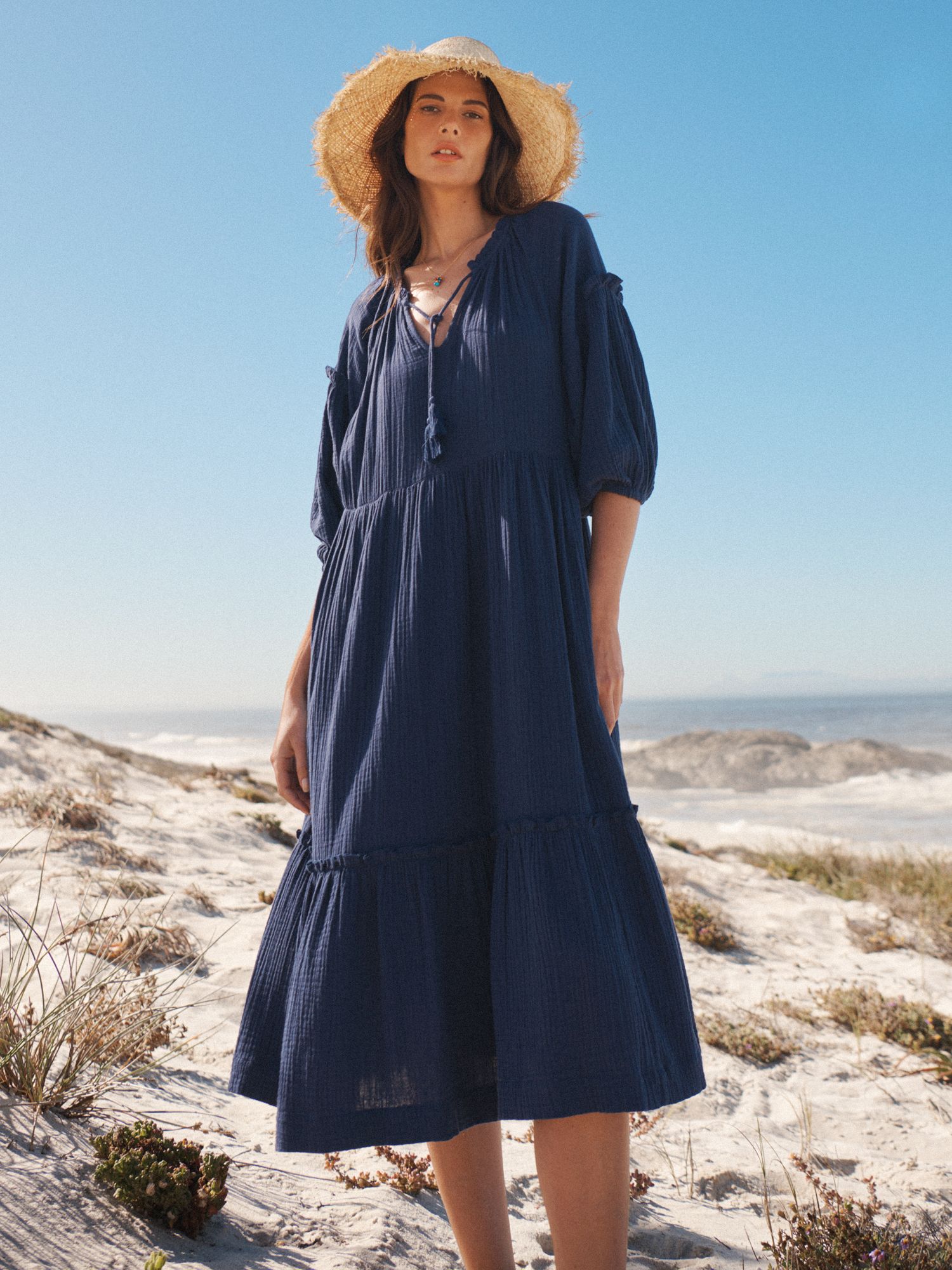 NRBY Annalisa Cotton Double Gauze Midi Dress, Navy, XS