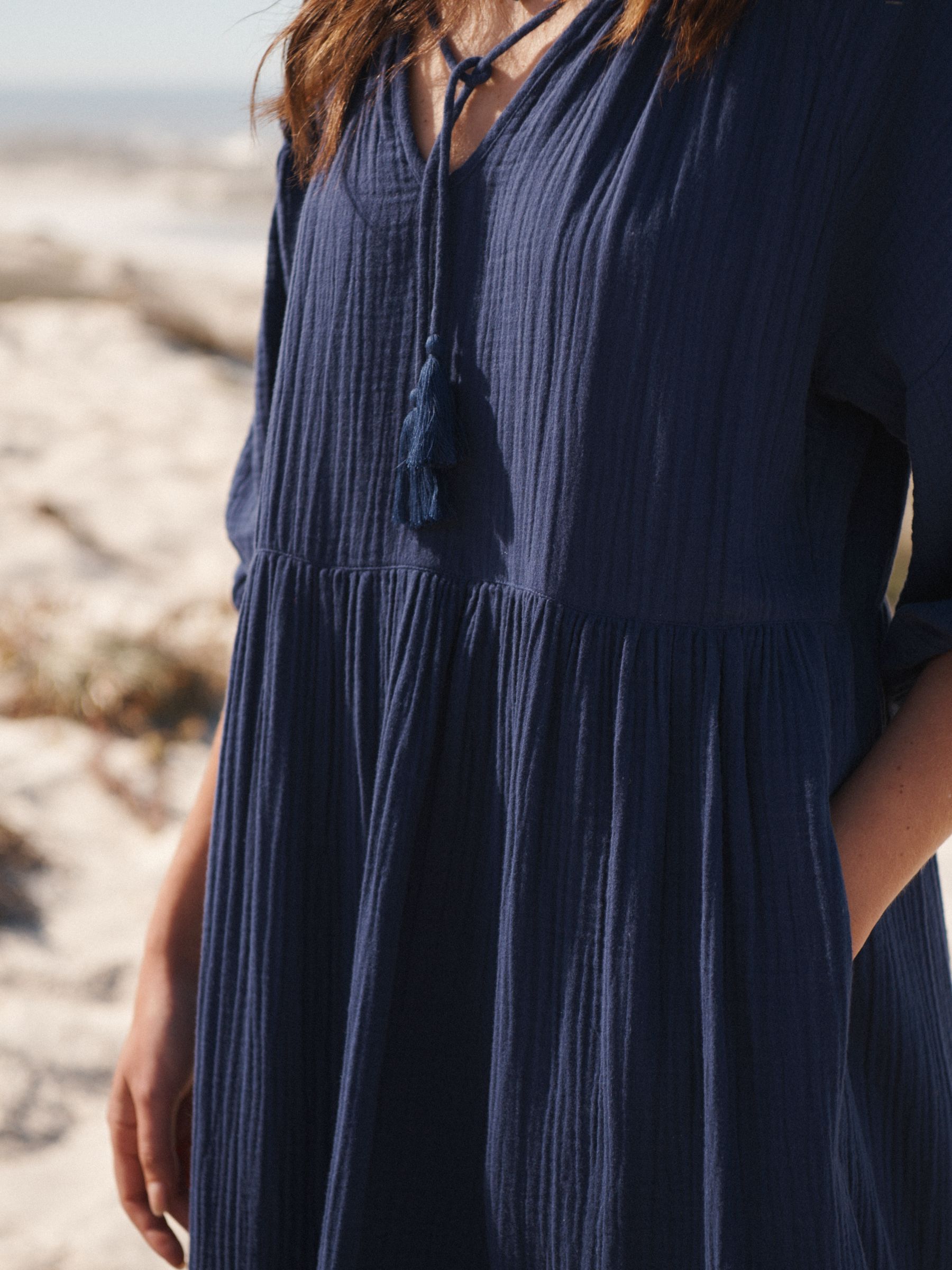 NRBY Annalisa Cotton Double Gauze Midi Dress, Navy, XS