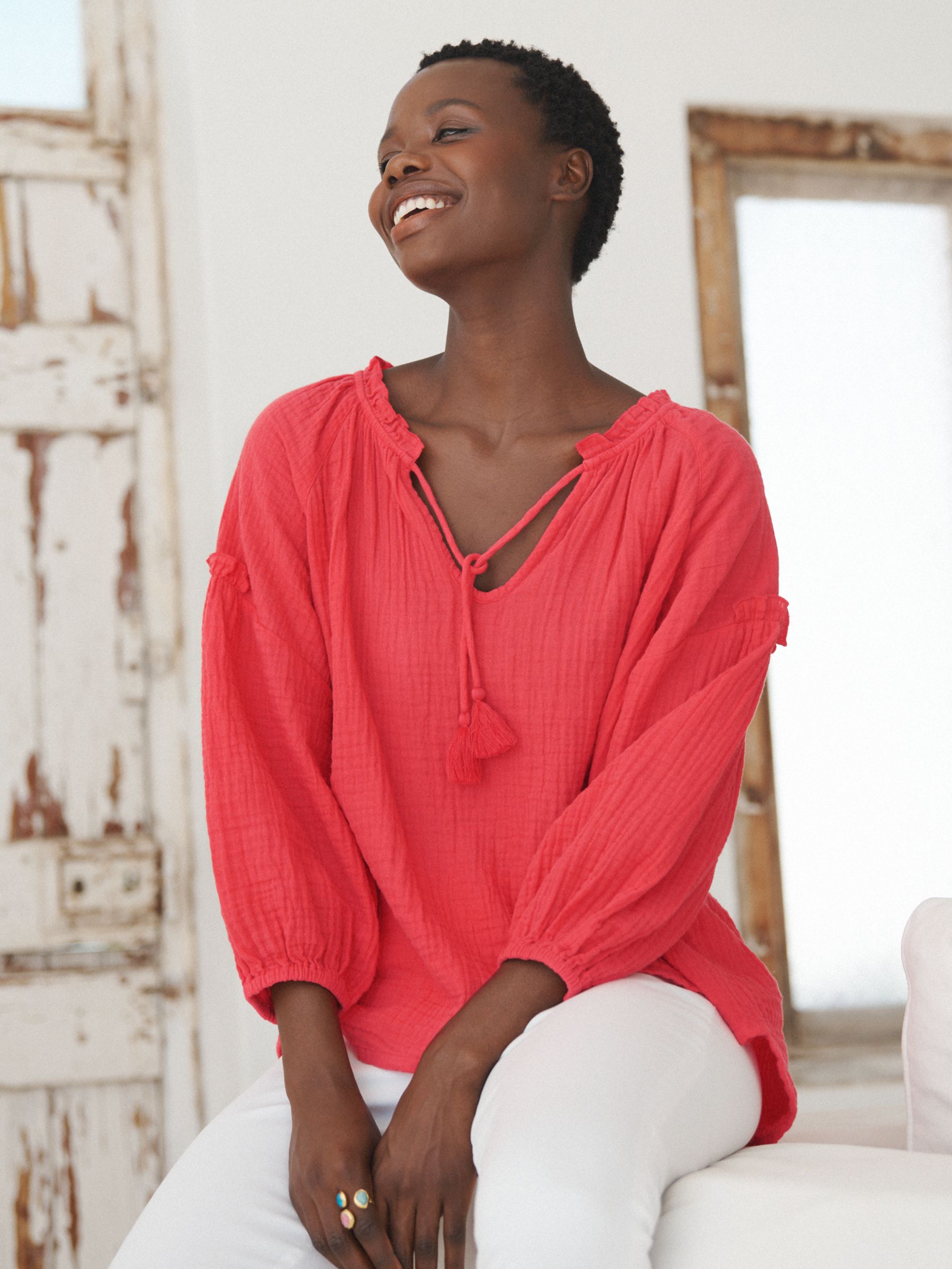Buy NRBY Annabelle Double Gauze Cotton Frill Top, Hot Pink Online at johnlewis.com