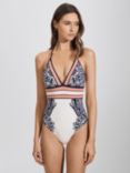 Reiss Monica Scarf Print Halterneck Swimsuit, Navy/Multi