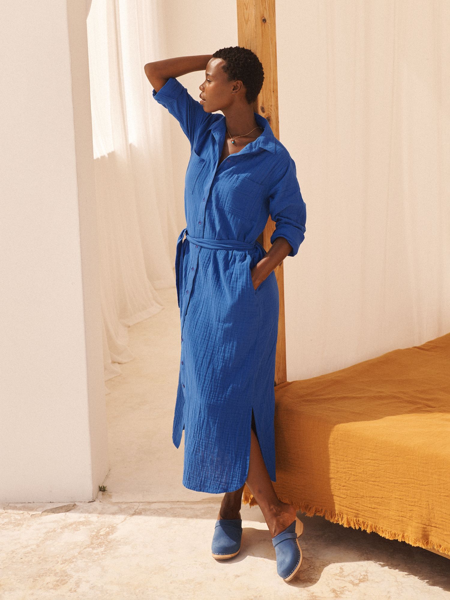 NRBY Carmen Cotton Double Gauze Midi Shirt Dress, Blue Cobalt, XS