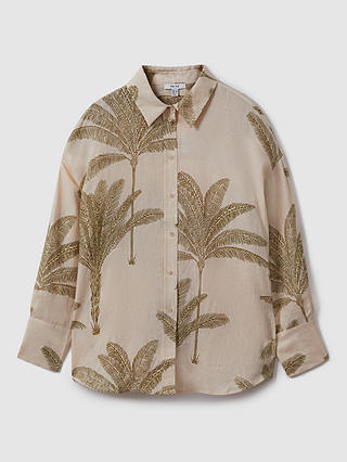 Reiss Oskia Palm Print Linen Shirt, Neutral