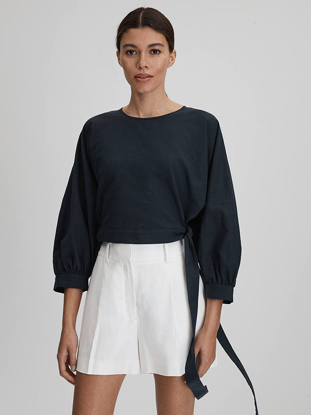 Reiss Immy Cropped Blouson Sleeve Top, Navy