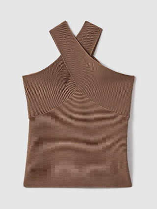 Reiss Darla Cross Over Neck Ribbed Top, Neutral