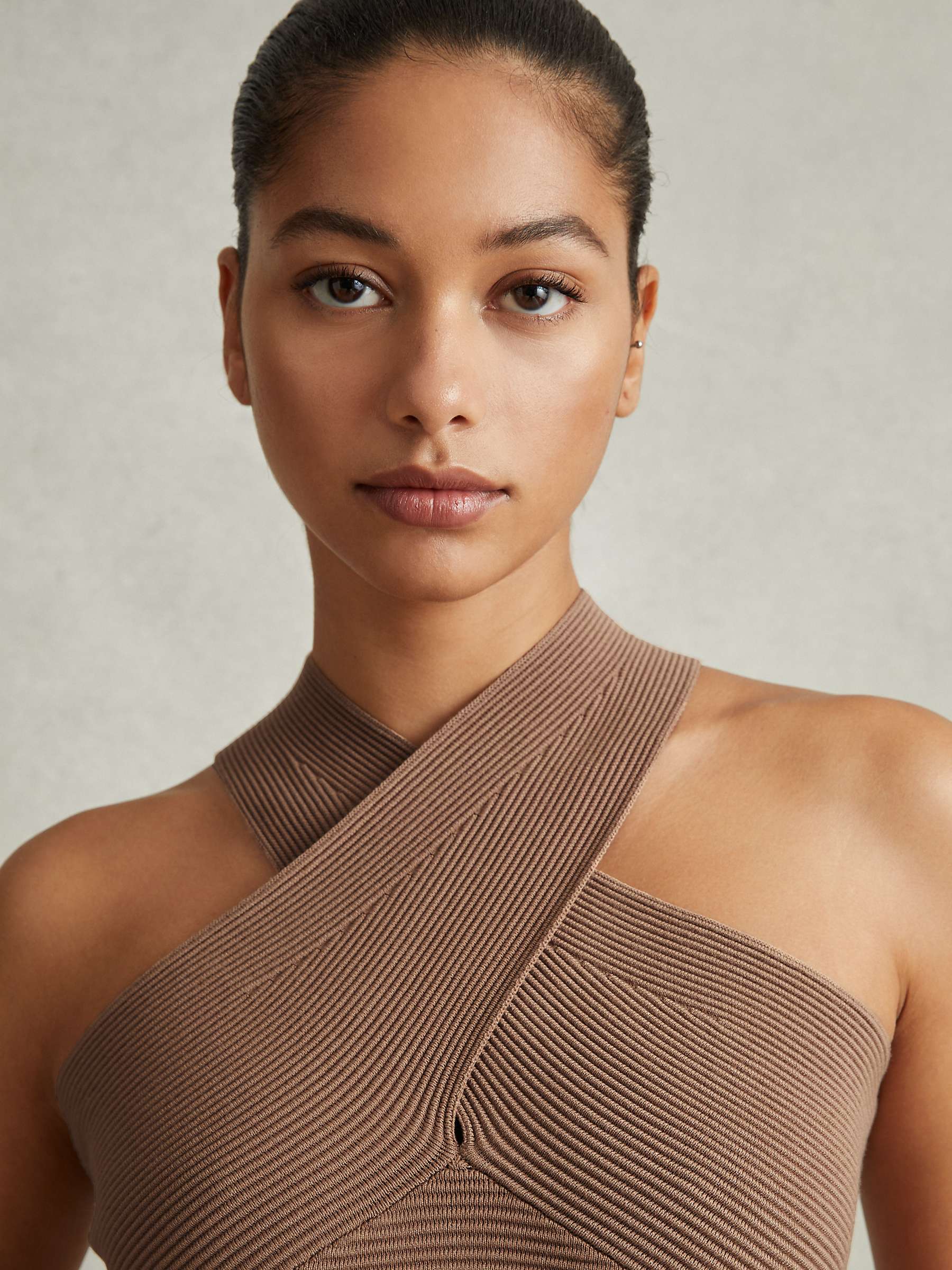 Buy Reiss Darla Cross Over Neck Ribbed Top, Neutral Online at johnlewis.com