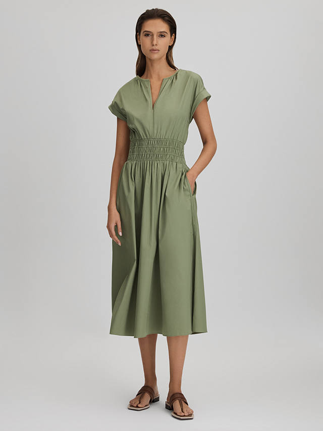 Reiss Lena Ruched Waist Cotton Midi Dress, Green