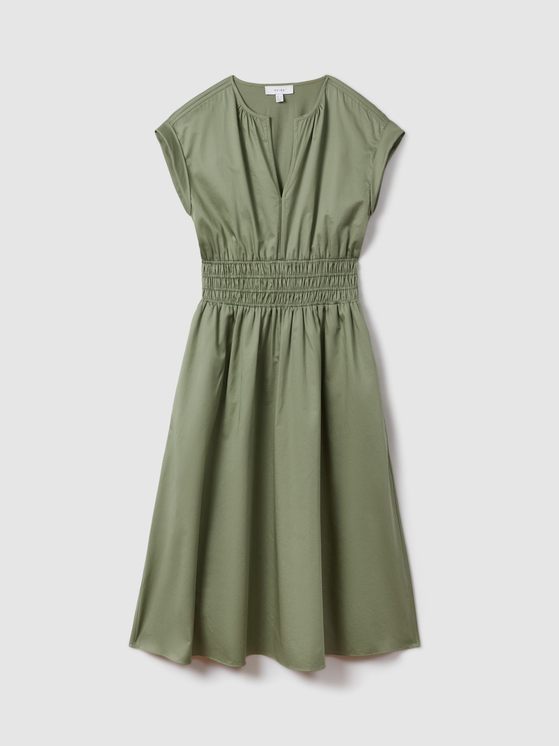Reiss Lena Ruched Waist Cotton Midi Dress, Green, 6