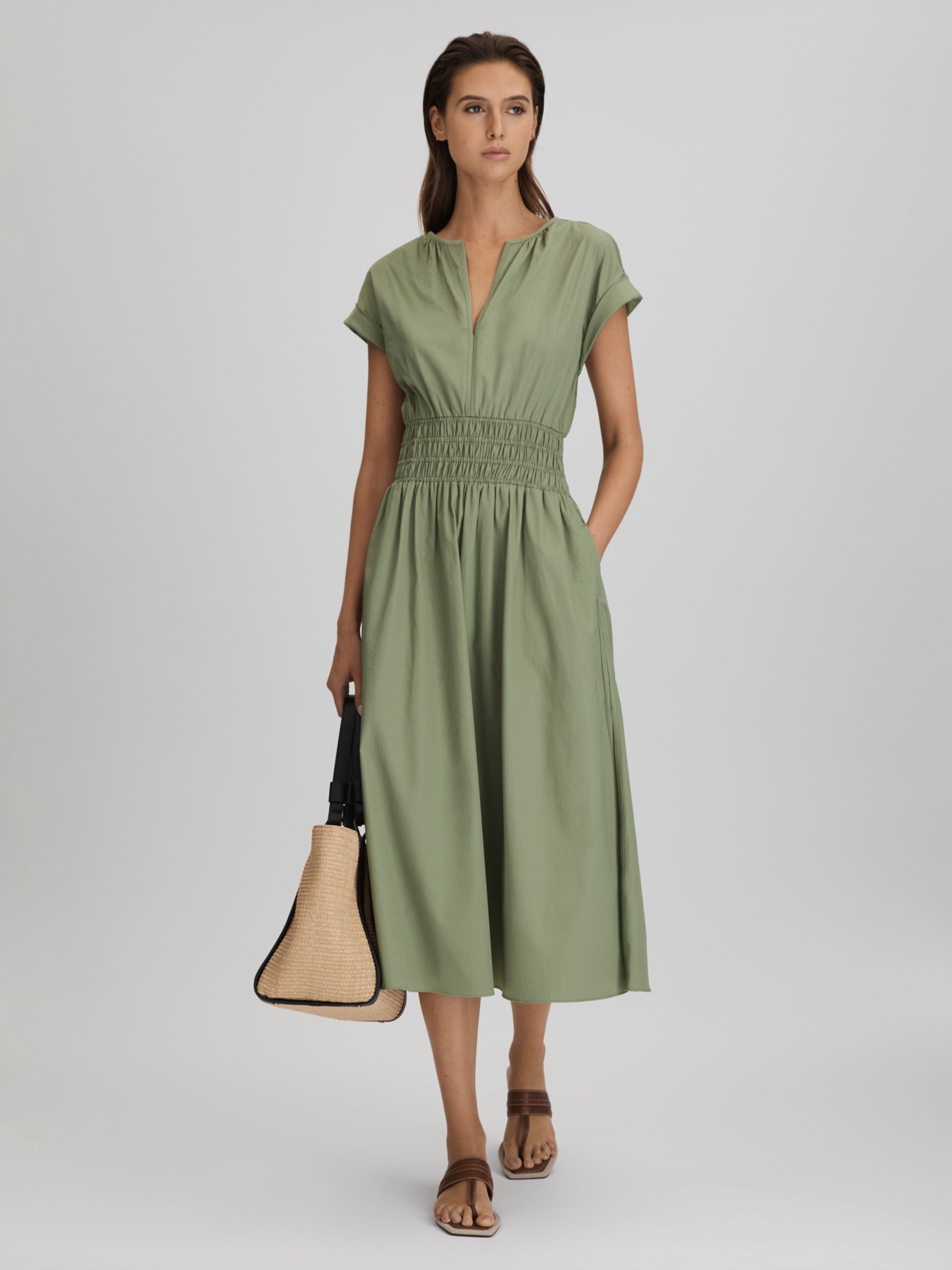 Reiss Lena Ruched Waist Cotton Midi Dress, Green, 6
