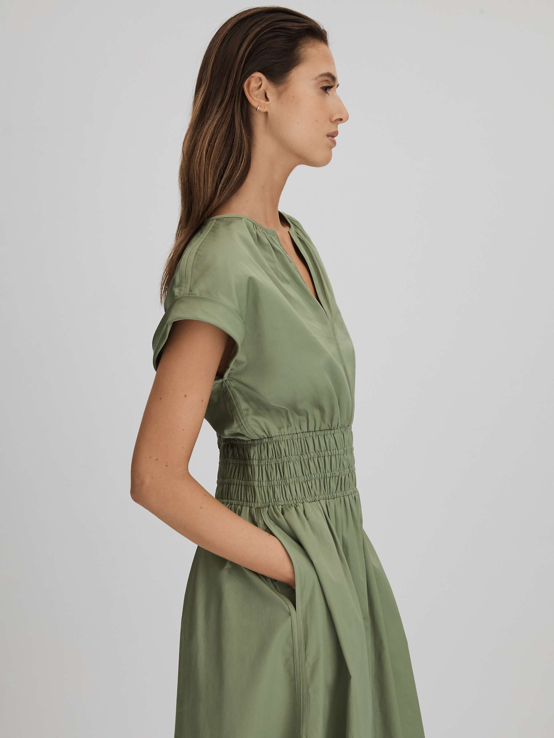 Buy Reiss Lena Ruched Waist Cotton Midi Dress, Green Online at johnlewis.com