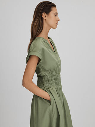 Reiss Lena Ruched Waist Cotton Midi Dress, Green