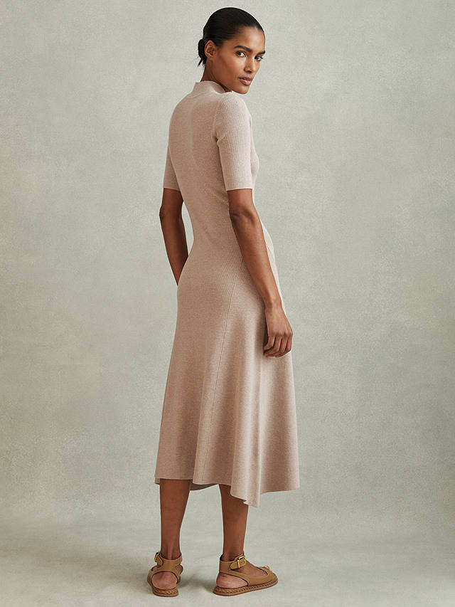 Reiss Caitlyn Rib Knit Asymmetric Hem Midi Dress, Neutral