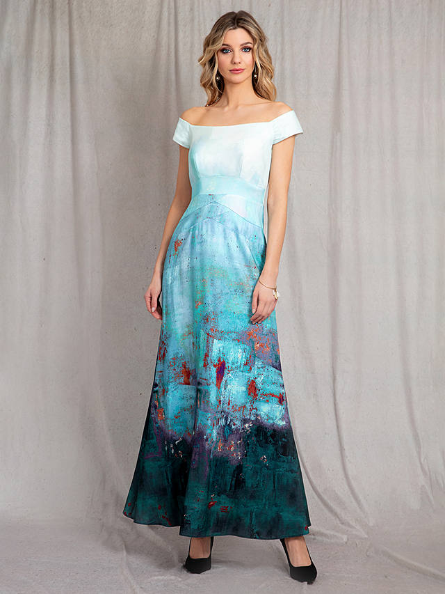 Alie Street Jasmine Abstract Off The Shoulder Maxi Dress, Aquatic Ombre
