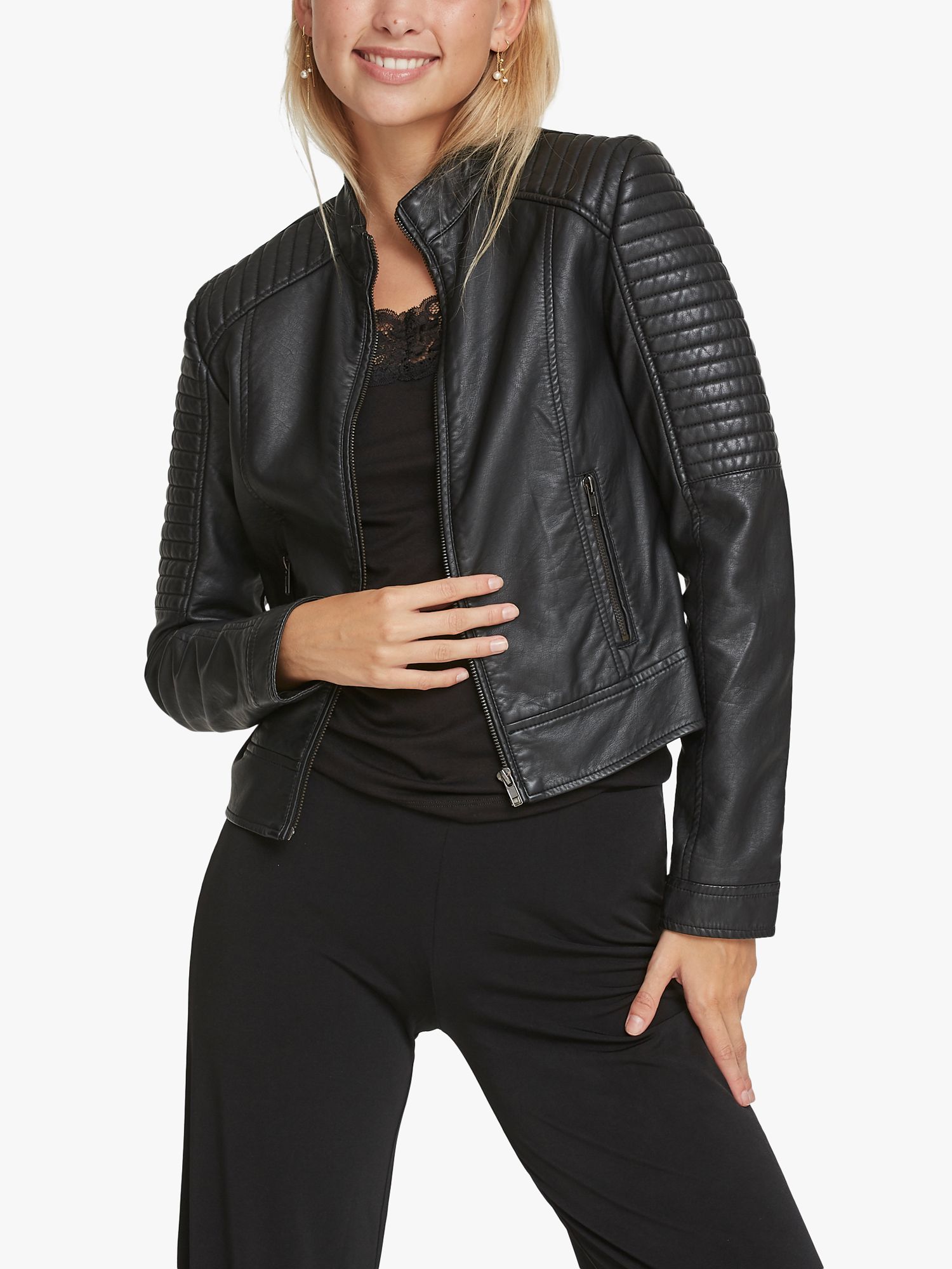 Sisters Point Duna Faux Leather Ribbed Detail Biker Jacket, Black, XS