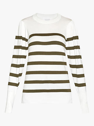 Sisters Point Knitted Striped Slim Fit Jumper, Cream/Moss