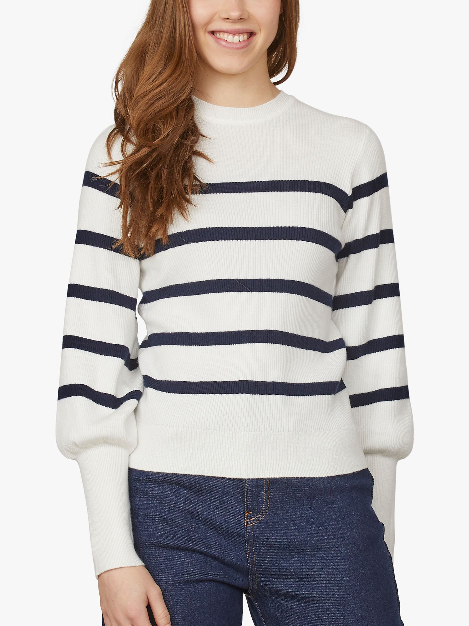 Sisters Point Knitted Ribbed Striped Top, Cream/Navy, M