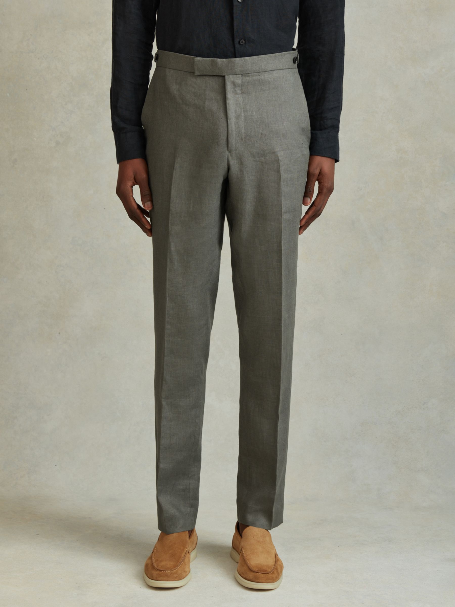 Reiss Halgas Tailored Linen Trousers, Dark Sage, 28R